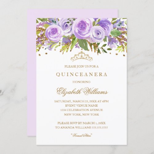 Purple Gold Floral Rose Quinceanera Invitation