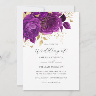 Purple Gold Floral Rose Wedding Invitation