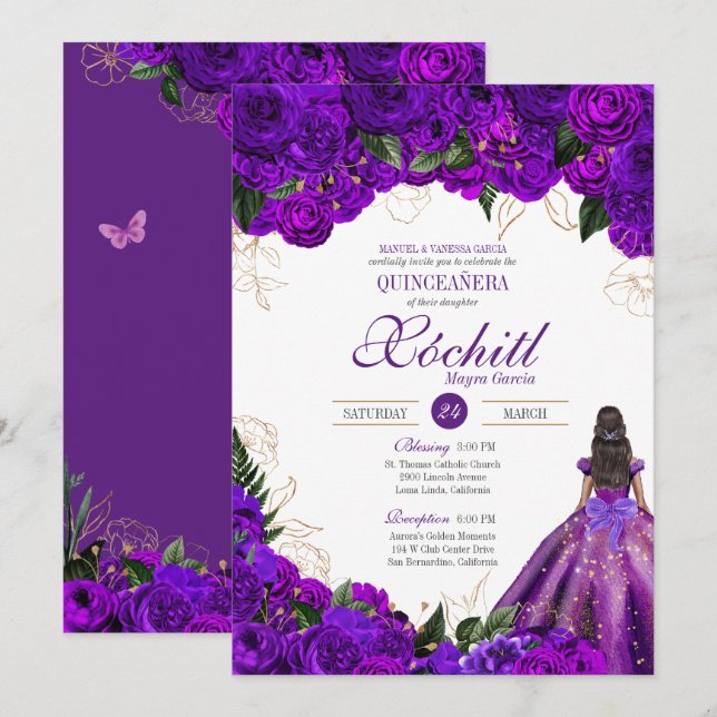 Purple Gold Floral Roses Elegant Quinceanera Invitation (Front/Back)