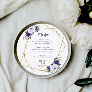 Purple Gold Floral Round Bridal Shower Menu Card