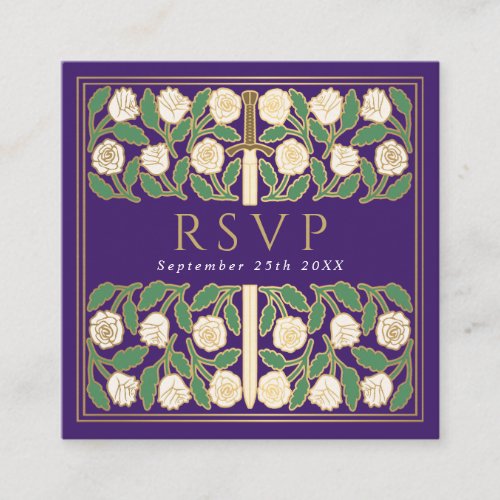 Purple Gold Floral Royal Wedding RSVP QR Code Enclosure Card