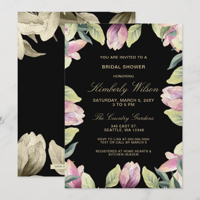 Purple Gold Floral Spring Wedding Bridal Shower Invitation (Front/Back)