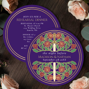 Purple Gold Floral Sword Royal Wedding Rehearsal Invitation