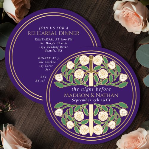 Purple Gold Floral Sword Royal Wedding Rehearsal Invitation