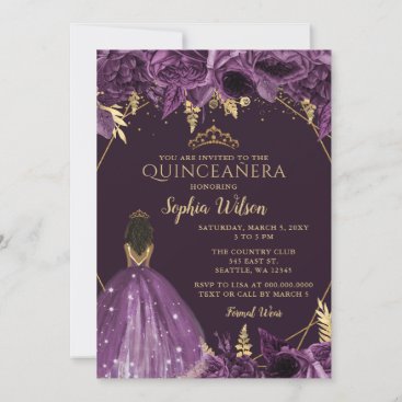 Purple Gold Floral Tan Princess Quinceañera   Invitation