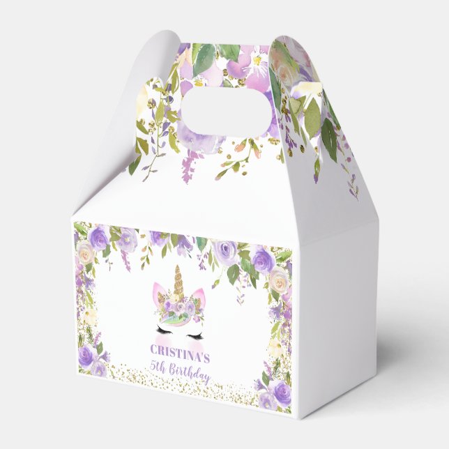 Purple Gold Floral Unicorn Birthday Favor Box (Front Side)