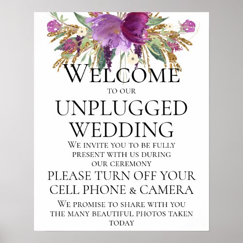 Purple Gold Floral Unplugged Wedding Ceremony Sign