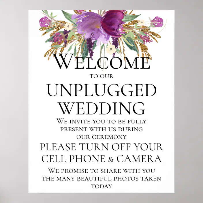 Wedding Sign Poster Print Purple Rustic Wood No Phone Camera Unplugged 