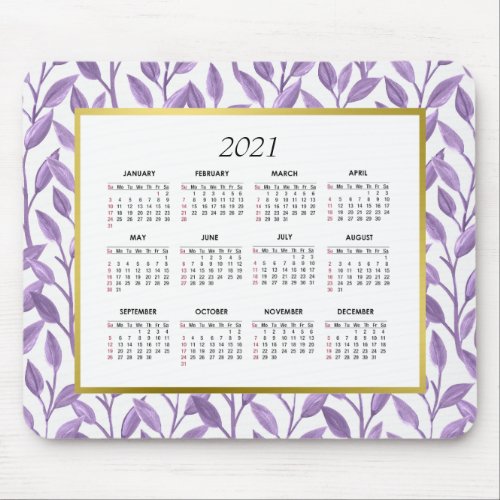 Purple  Gold Floral Vines  2021 Calendar Mouse Pad