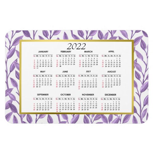 Purple  Gold Floral Vines  2022 Calendar Magnet