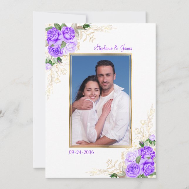 Purple Gold Floral Watercolor Photo Wedding Invitation (Front)