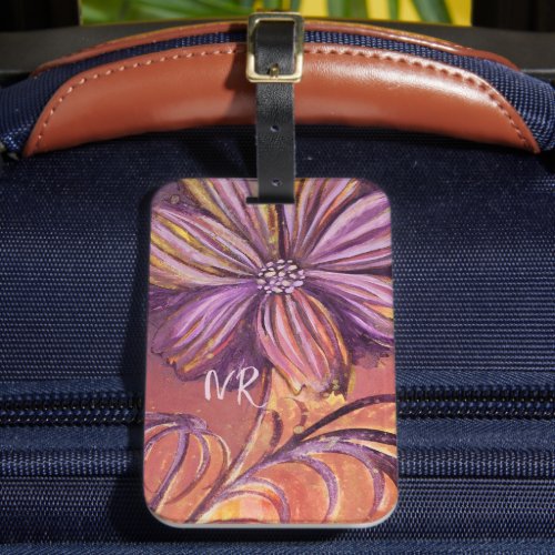   Purple  Gold Floral Watercolor Vibrant Monogram Luggage Tag