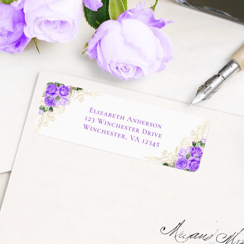 Purple Gold Floral Watercolor Wedding Address Label