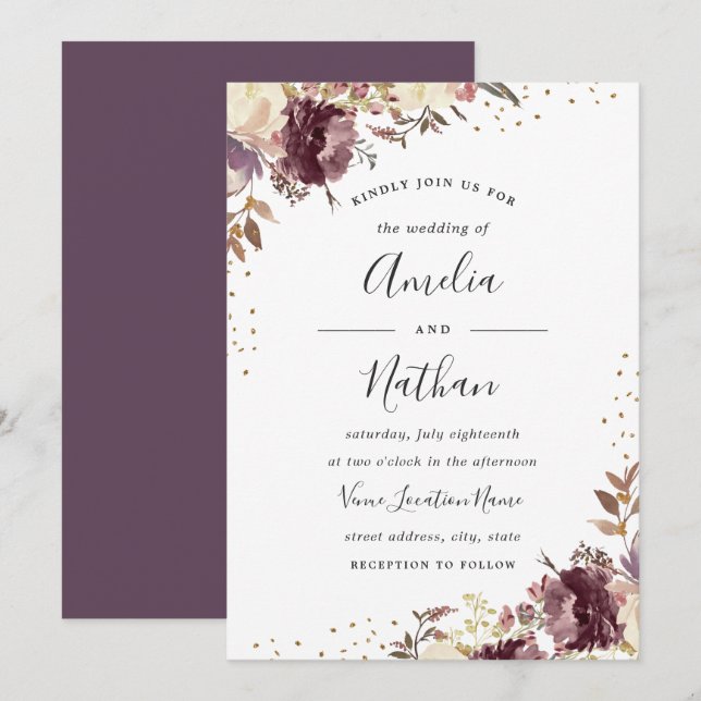 Purple Gold Floral Watercolor Wedding Invitation (Front/Back)