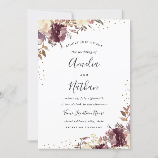 Purple Gold Floral Watercolor Wedding Invitation | Zazzle