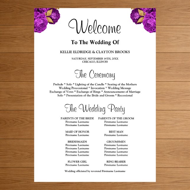 Purple/Gold Floral Wedding Ceremony Program Sign (Creator Uploaded)