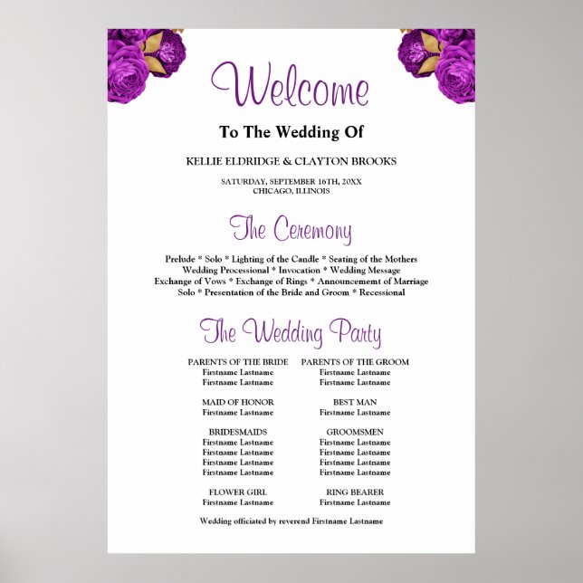 Purple/Gold Floral Wedding Ceremony Program Sign (Front)