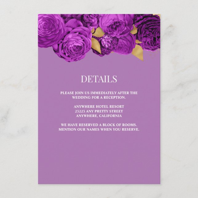 Purple/Gold Floral Wedding Details Enclosure Card (Front)