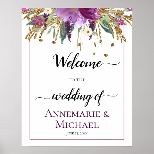 Purple Gold Floral Welcome To The Wedding Of Sign