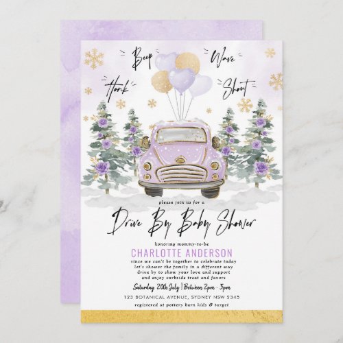 Purple Gold Floral Winter Drive By Baby Shower Invitation