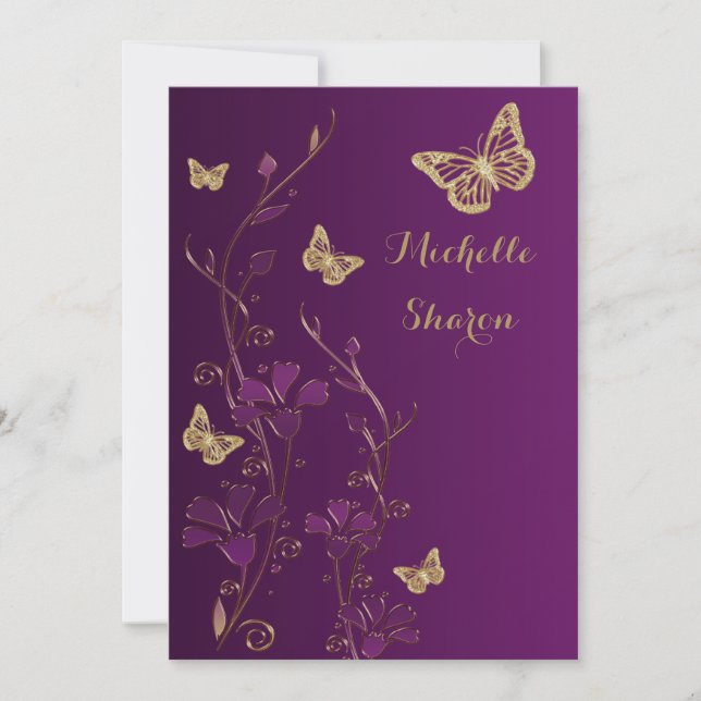 Purple Gold Floral with Buttterflies Bat Mitzvah Invitation (Front)