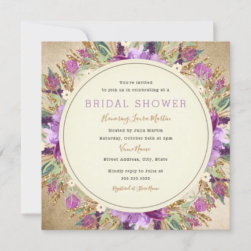Purple Gold Floral Wreath Bridal Shower Invitation