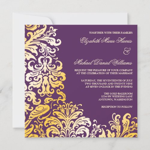 Purple Gold Flourish Damask Wedding Invitations