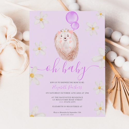 Purple gold flower hedgehog watercolor baby shower invitation