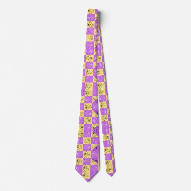 Purple gold Flower seamless Checkerboard pattern Neck Tie (Front)