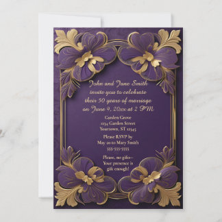 Purple & Gold Flowers Gold Frame 50th Anniversary Invitation