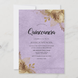 Purple & Gold Flowers Quinceanera Party Invite