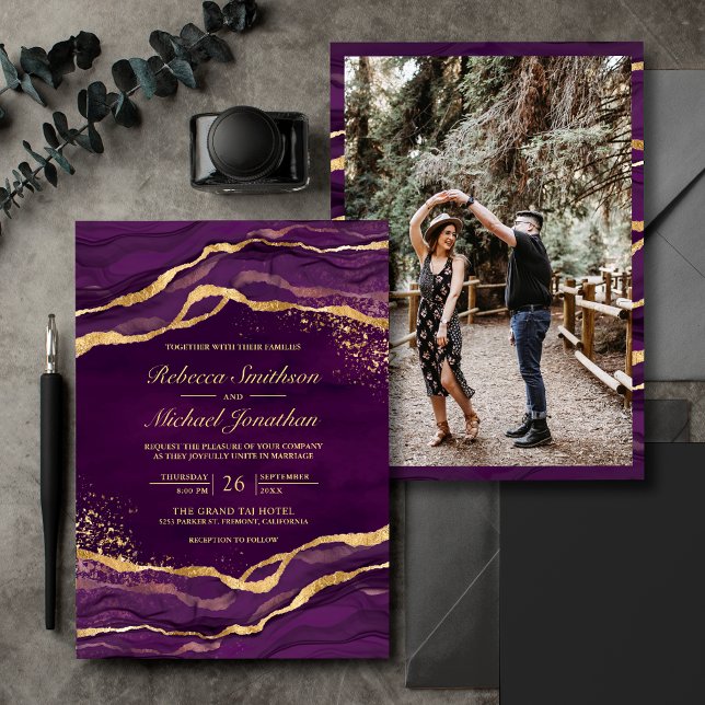 Purple Gold Fluid Ink Photo Wedding Invitation (Creator Uploaded)