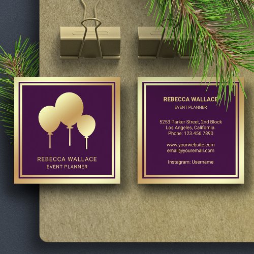 Purple Gold Foil Balloons Party Event Planner Square Business Card