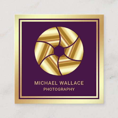 Purple Gold Foil Camera Shutter Lens Photographer Square Business Card