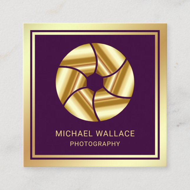 Purple Gold Foil Camera Shutter Lens Photographer Square Business Card (Front)