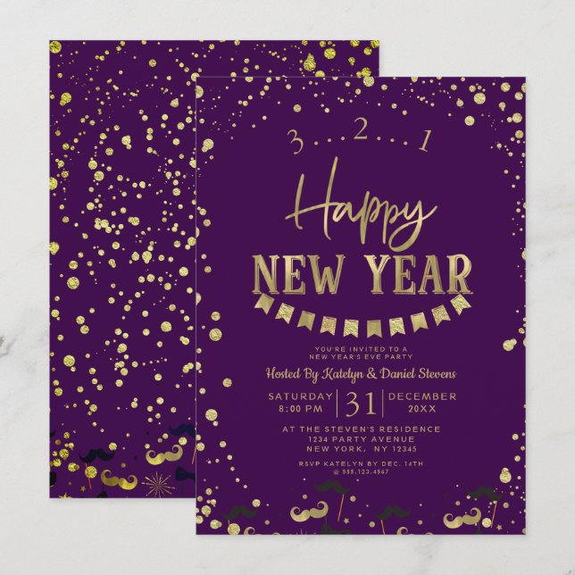 Purple & Gold Foil Confetti New Year's Eve Party Invitation (Front/Back)