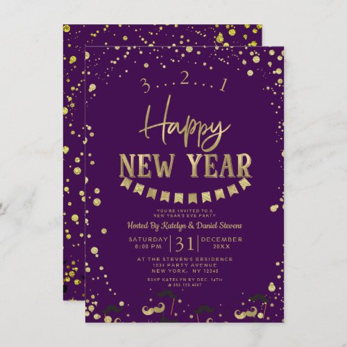 Purple  Gold Foil Confetti New Years Eve Party Invitation