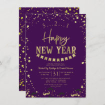 Purple & Gold Foil Confetti New Year's Eve Party Invitation