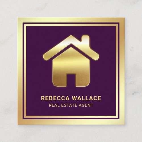 Purple Gold Foil Home Logo Real Estate Agent Square Business Card