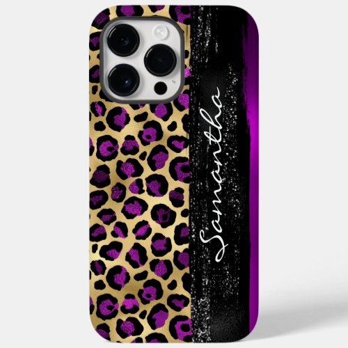 Purple Gold Foil Leopard Glam Black Brush Stroke Case_Mate iPhone 14 Pro Max Case