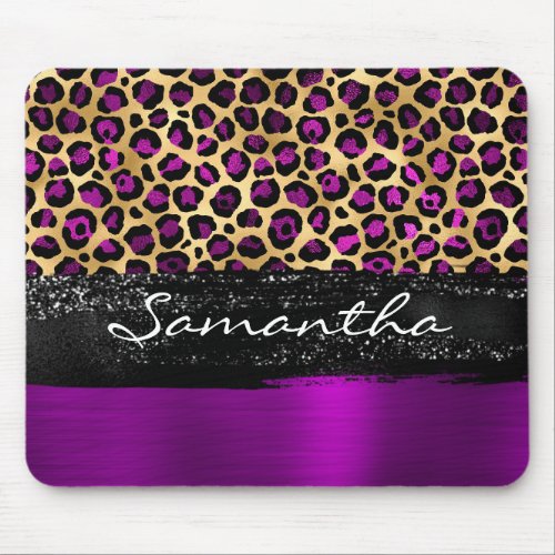 Purple Gold Foil Leopard Glam Black Brush Stroke Mouse Pad