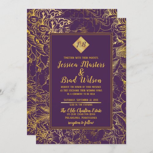 Purple  Gold Foil Look Vintage Floral Wedding Invitation