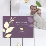 Purple Gold Foil Photo Wedding Save the Date Foil Invitation<br><div class="desc">Unique botanical wedding save the date invitation frames your announcement details with a border of elegant gold foil fall leaves. Your save our date details are set in a stylish traditional serif type on a solid plum purple background. The card reverses to your engagement photo. Perfect for fall autumn, rustic...</div>