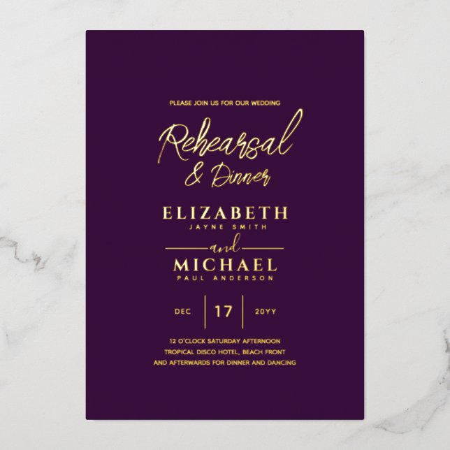 Purple Gold Foil Wedding Rehearsal and Dinner Foil Invitation (Front)