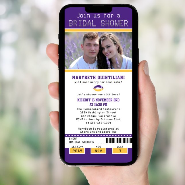 Purple Gold Football Ticket Bridal Shower Invitation (Front Digital)