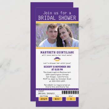 Purple Gold Football Ticket Bridal Shower Invitation by labellarue at Zazzle