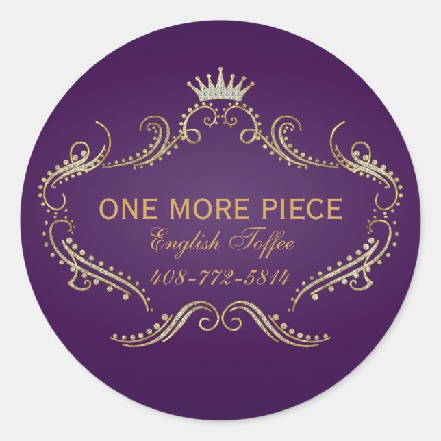 Purple & Gold Frame & Crown Glitter Texture Classic Round Sticker (Front)