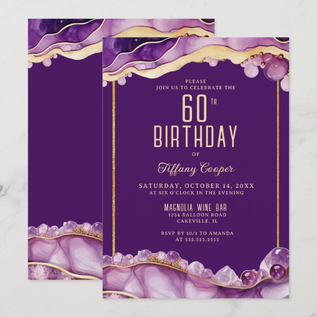 Purple Gold Gemstone 60th Birthday Invitation (Front/Back)