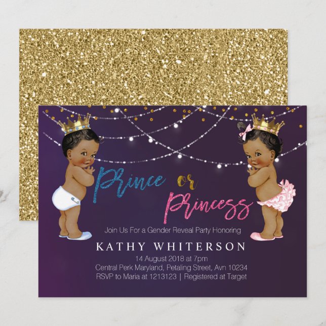 Purple Gold gender reveal Invitation (Front/Back)