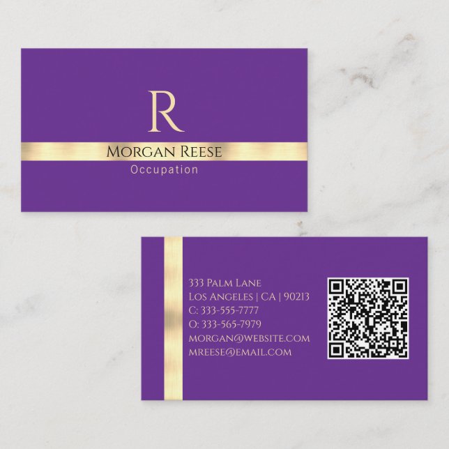 Purple & Gold, Generate QR Code Name & Monogram Business Card (Front/Back)